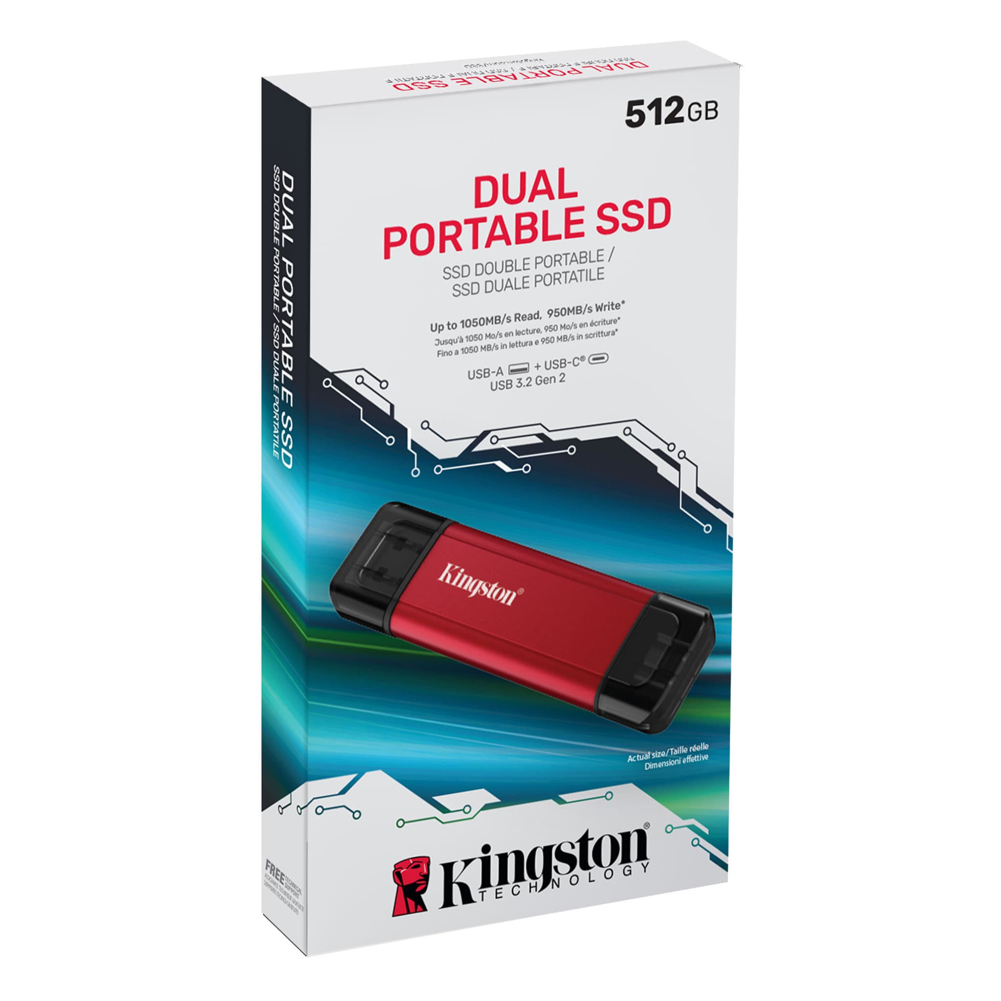 SSD Kingston Dual Portable 2 TB USB 3.2 Gen 2 — até 1.050 MB/s